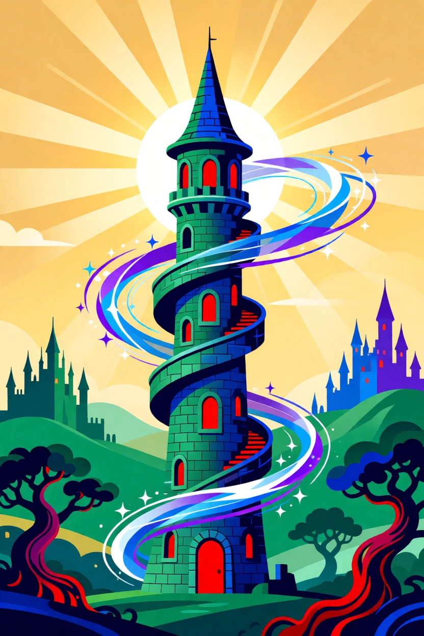 A wizard's tower spiraling upward surrounded by swirling magic, set within a mystical kingdom shrouded in soft golden light, arranged with soft glowing light radiating from the center, with rich jewel tones that evoke wonder and imagination.