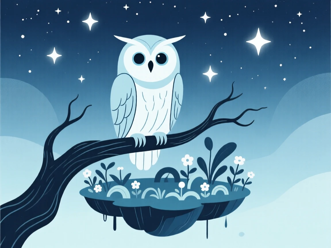 A mystical owl guardian watching the stars near a floating garden.