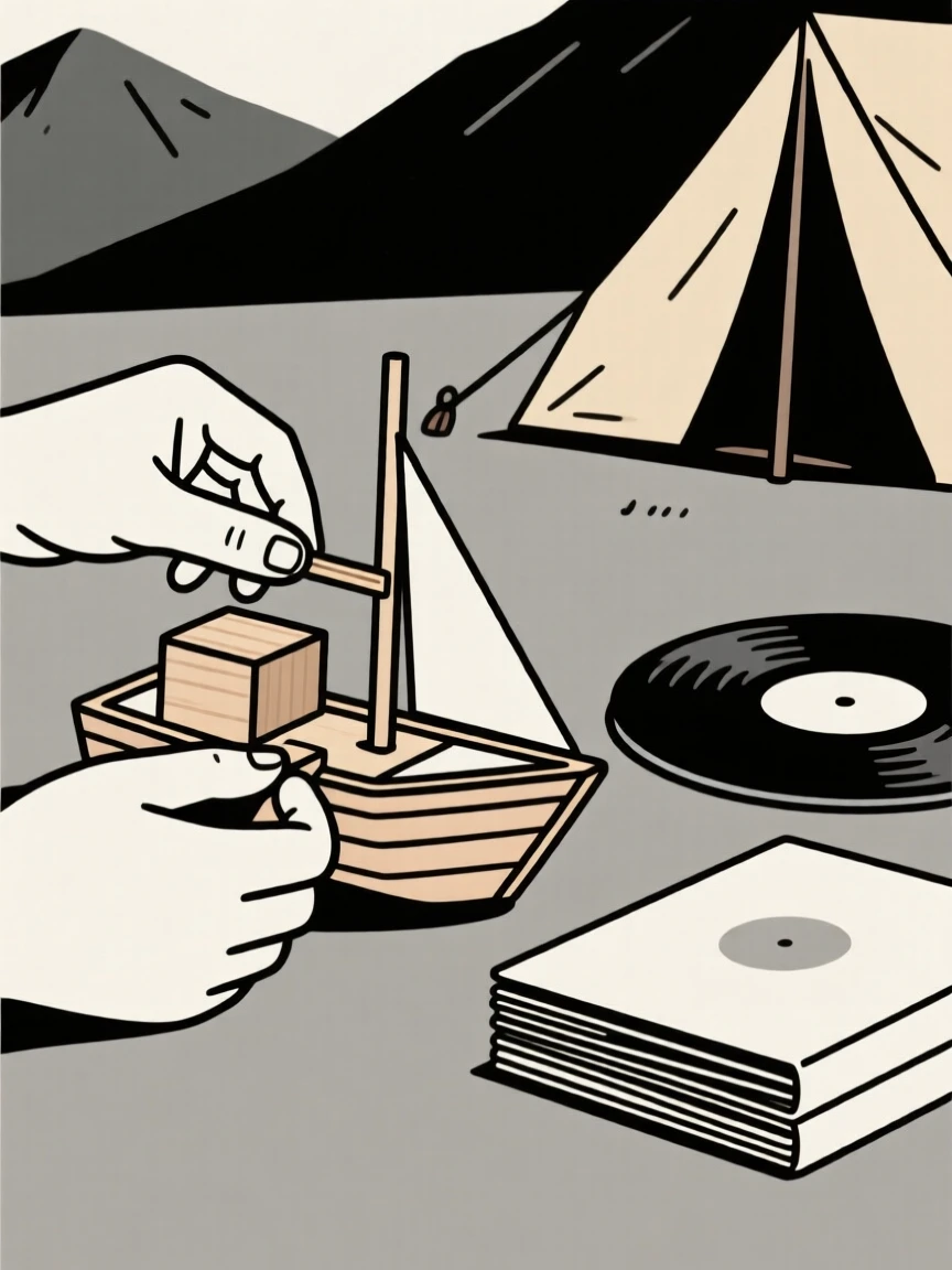 A close view of hands building a model ship near stacks of vinyl records in a mountain campsite, full of quiet satisfaction.