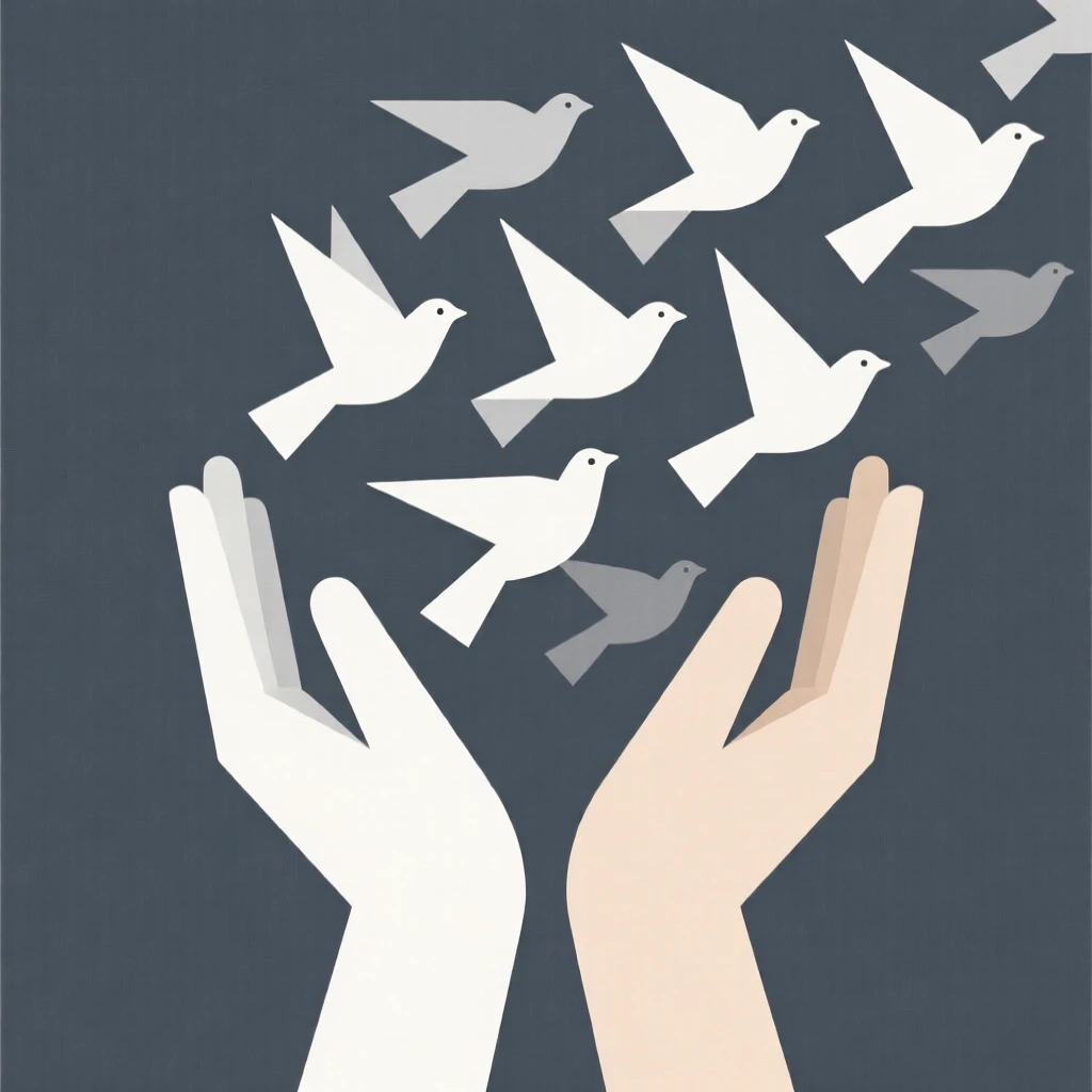A pair of hands releasing a flock of doves