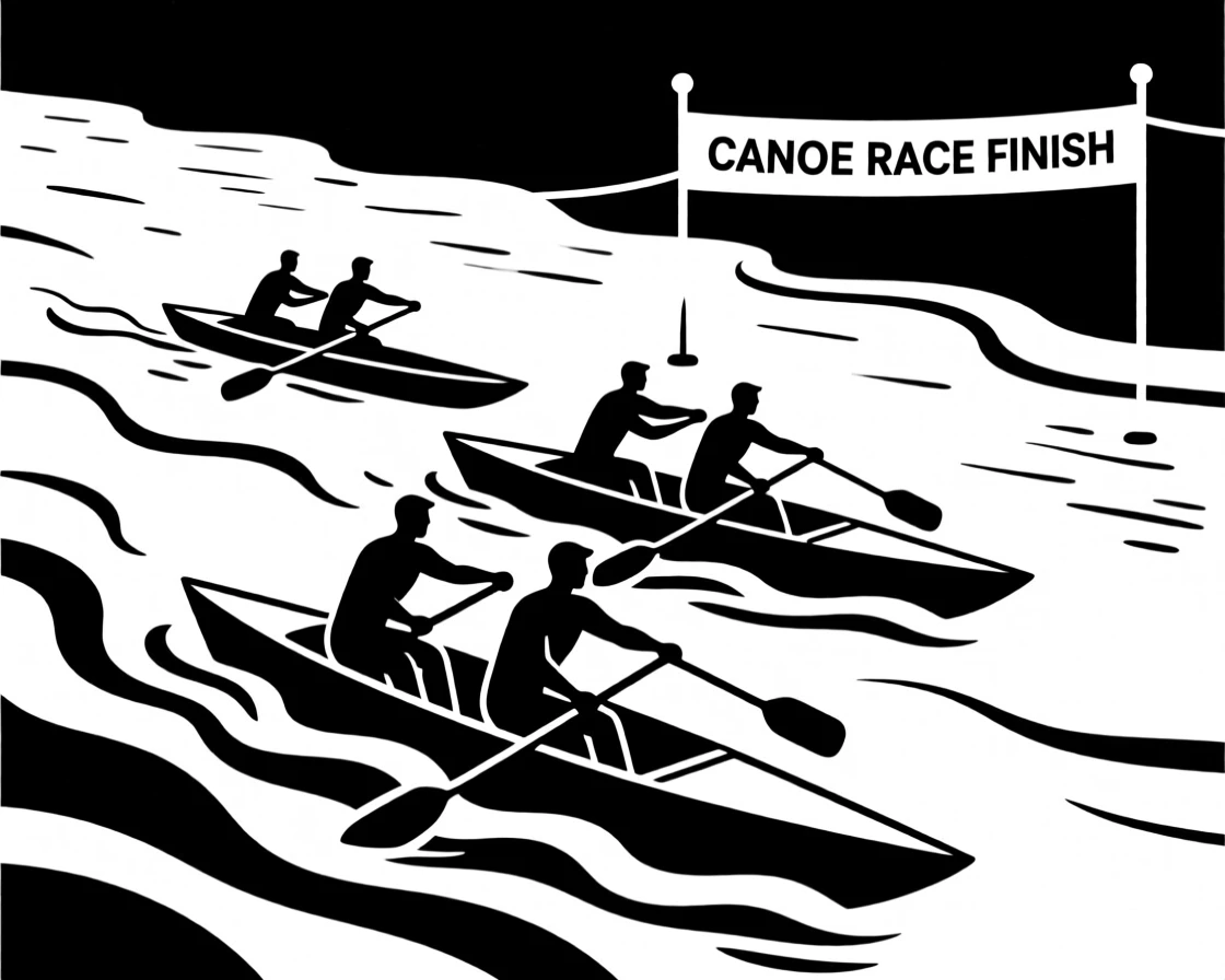A canoe race on a wide river.