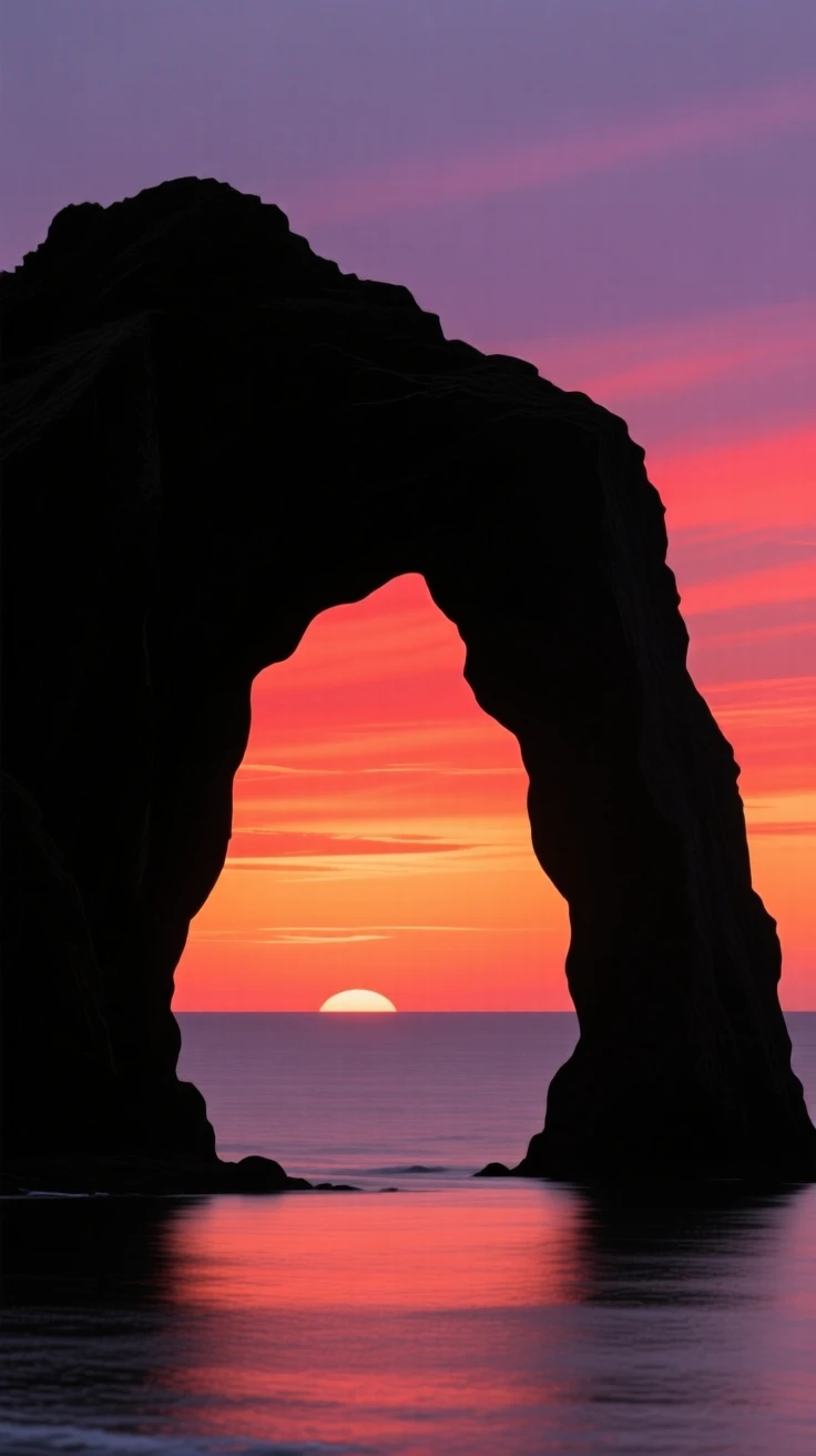 A single arched rock formation framing a distant ocean sunset.