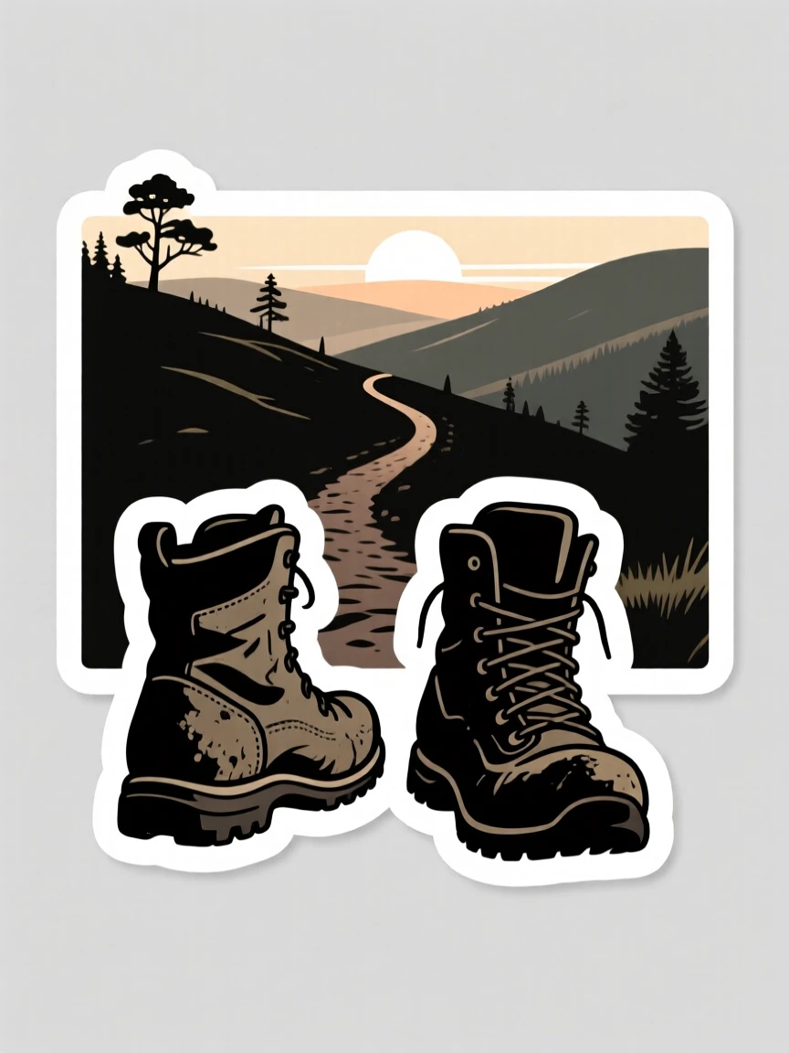A calmly strong scene of a pair of worn hiking boots facing a scenic trail ahead, framed by soft rays of morning sun, capturing a moment of pure hope.