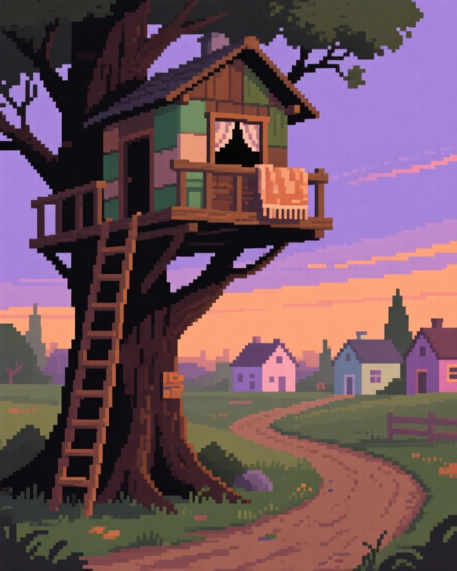 A treehouse built by neighborhood kids wrapped up against the evening chill, along a dirt road leading out of town.