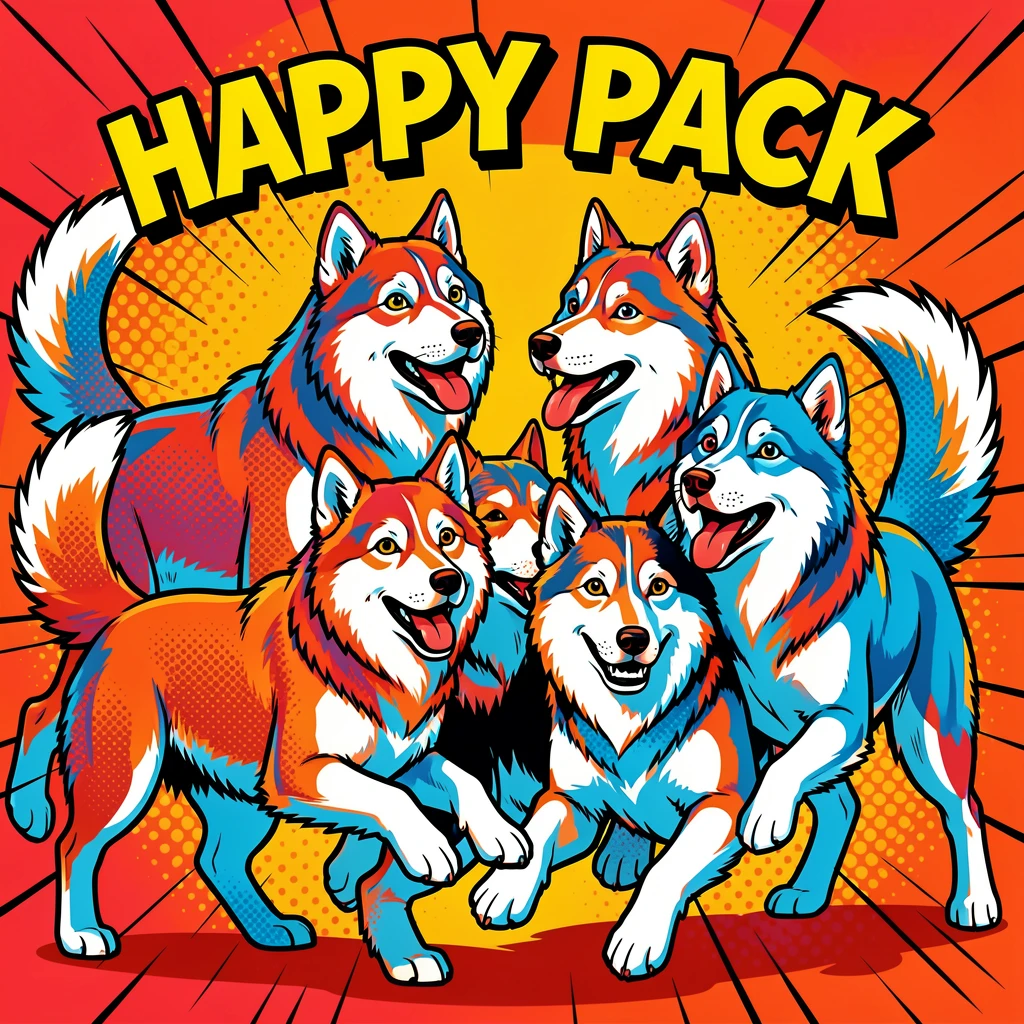 A pack of huskies caught in a candid, joyful moment