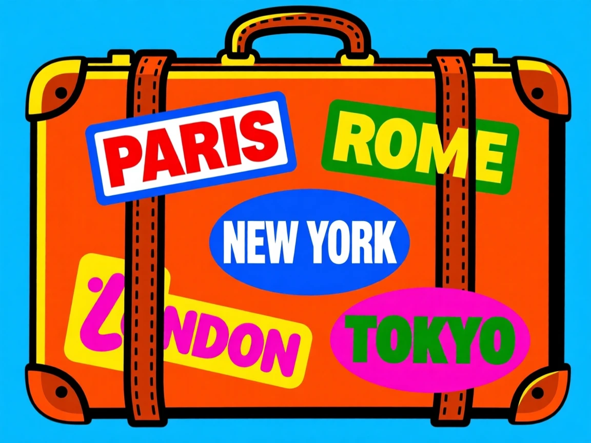 Vintage travel stickers on a leather suitcase
