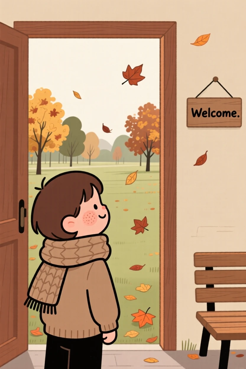 Soft autumn leaves falls over a empty park as a child watches from a cozy doorway, wrapped warmly against the winter air.