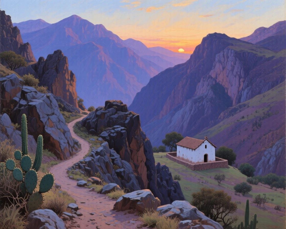 An expansive vista of a rugged mountain pass with a narrow trail winding upward, at twilight, in colonial Mexico.