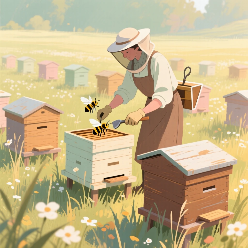 A beekeeper tending rows of wooden hives in a summer meadow