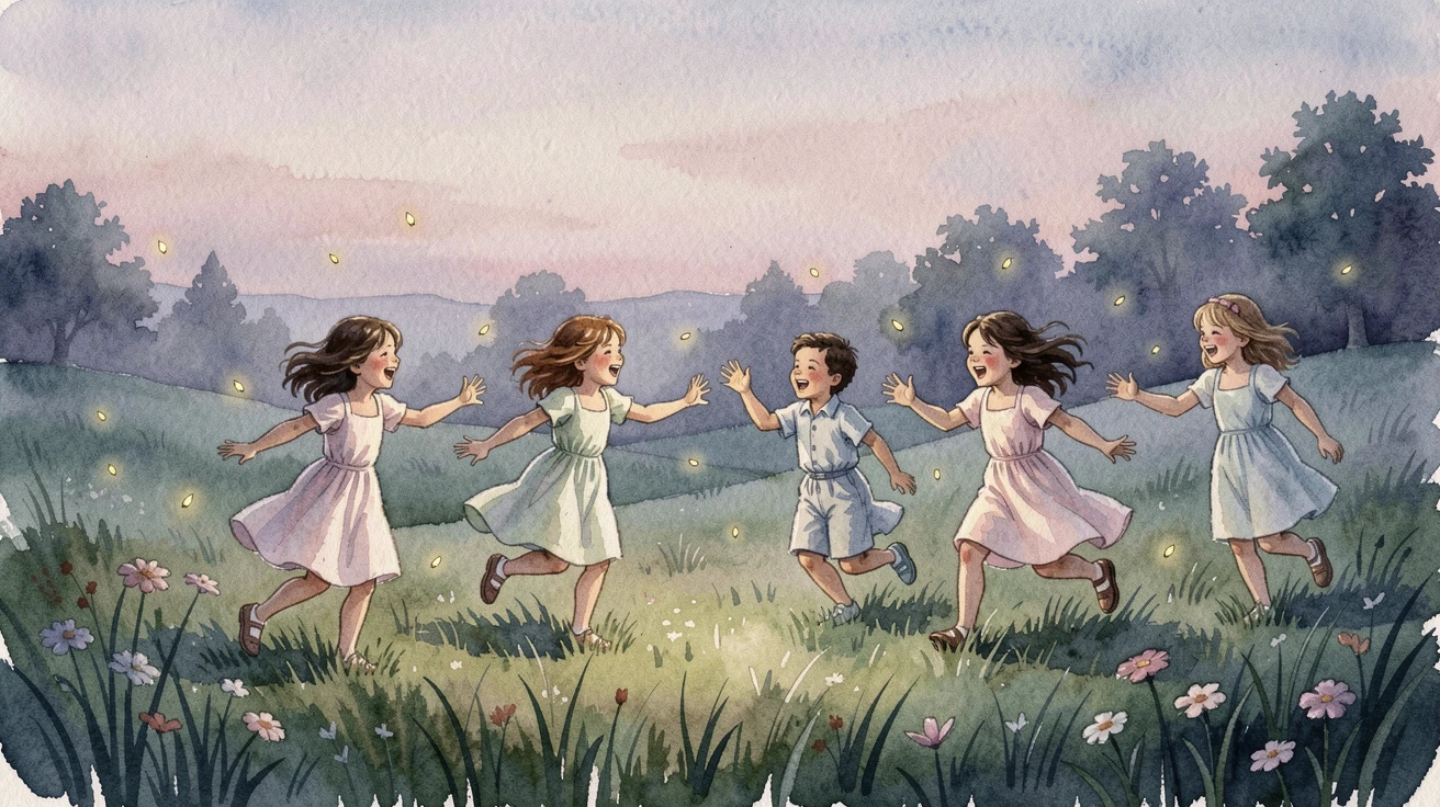 Children chasing fireflies at dusk with laughter filling the air.
