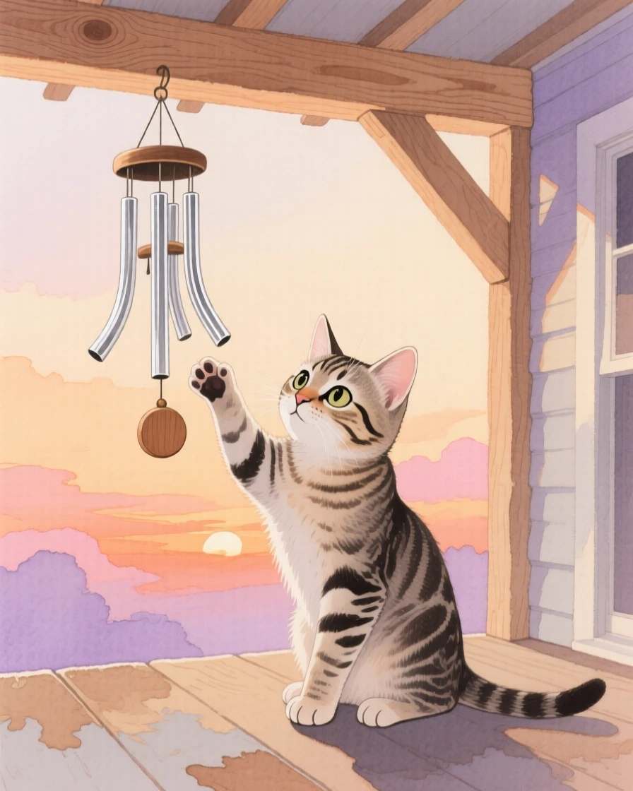 A tabby kitten bats at a dangling wind chime hanging from a porch beam at sunset
