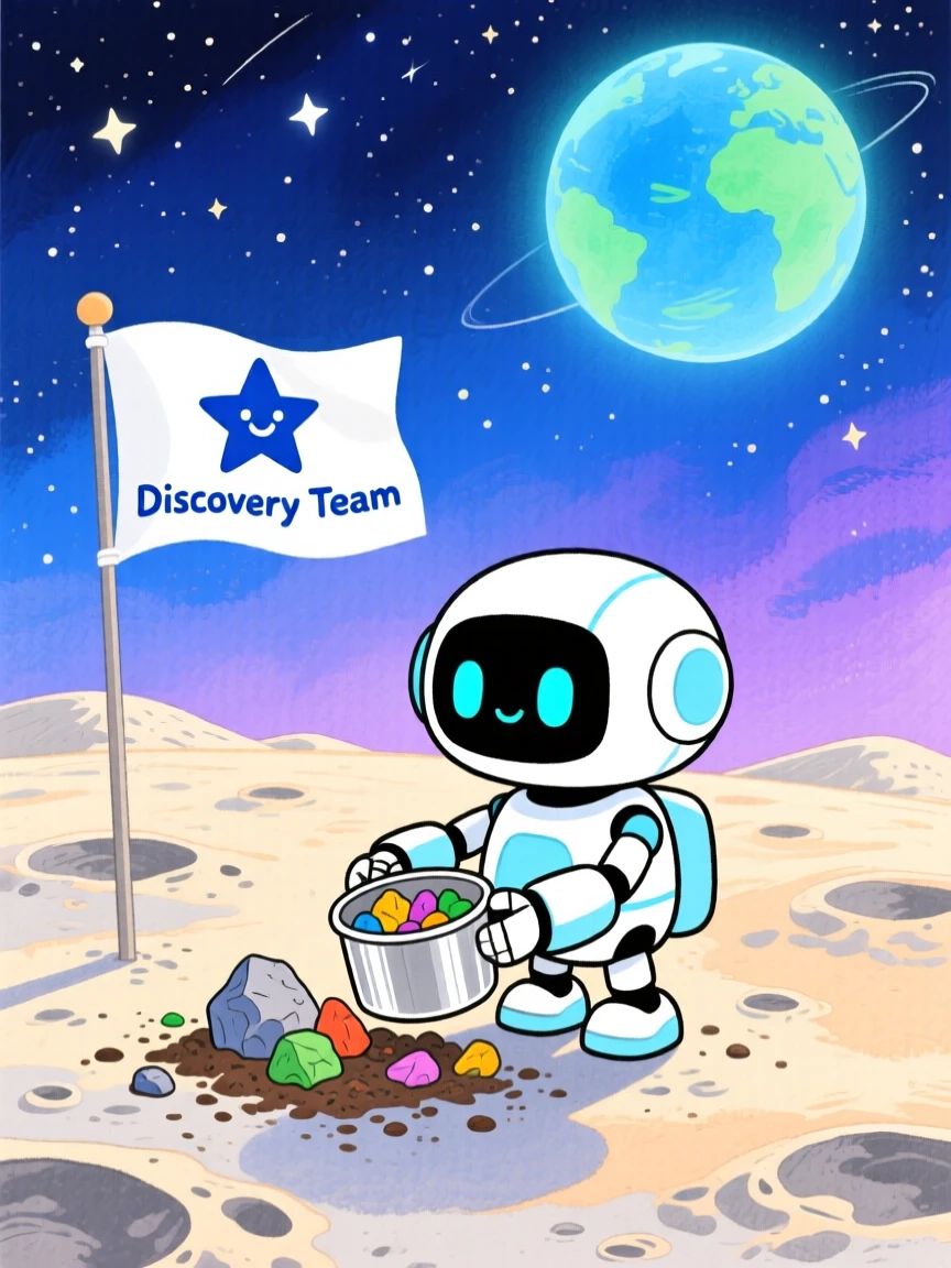 A dazzling view of a robot companion collecting samples on a distant moon.
