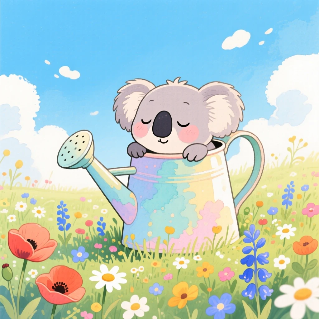 A sleepy koala peeking out of a garden watering can, set in a meadow bursting with wildflowers under a blue sky, showing unconditional love and loyalty.