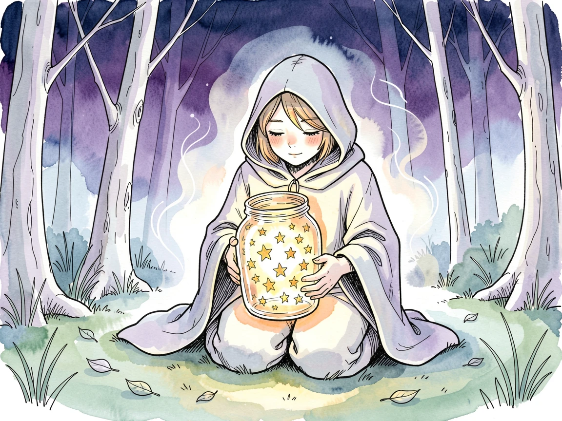 A wandering star-collector gathering fallen stars in a glass jar, swirling light and mist adding a dreamlike quality.
