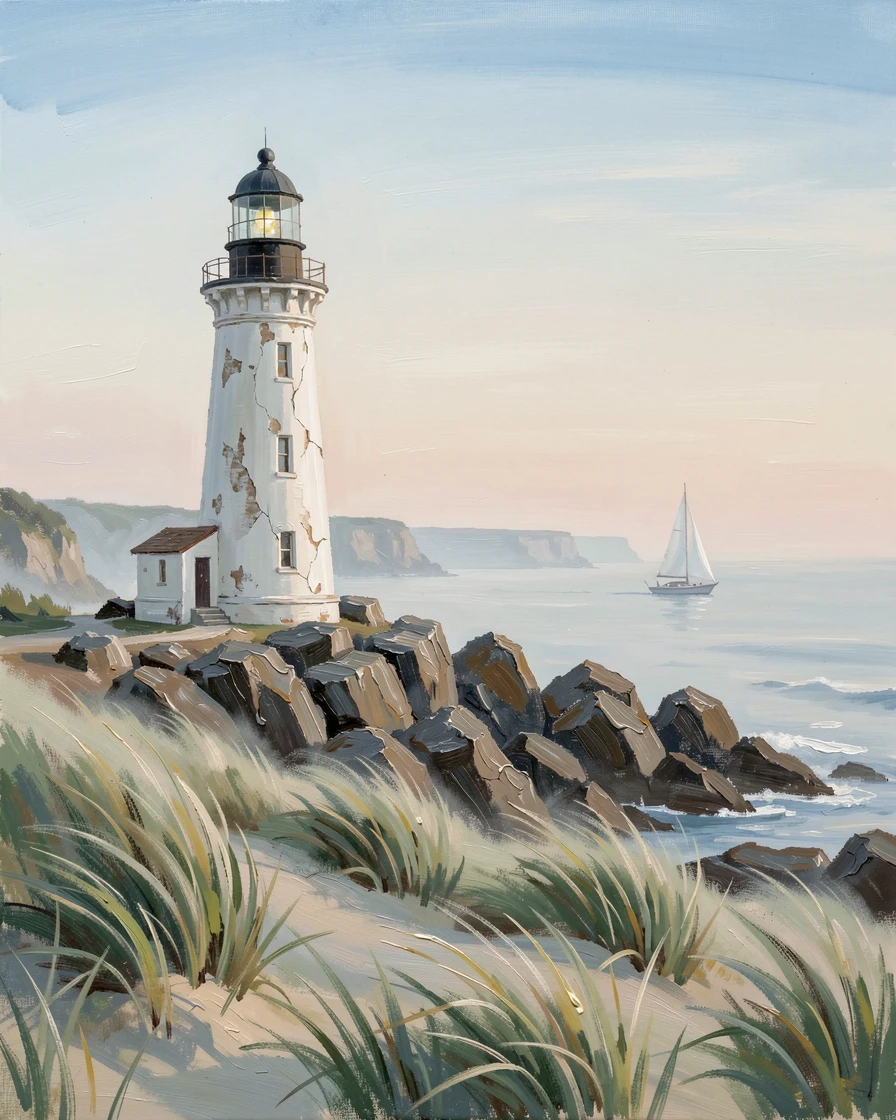 A lighthouse perched on a rugged headland, a single sailboat crossing the horizon, beneath tall grass-covered dunes, in early morning fog, the coastline barely visible.