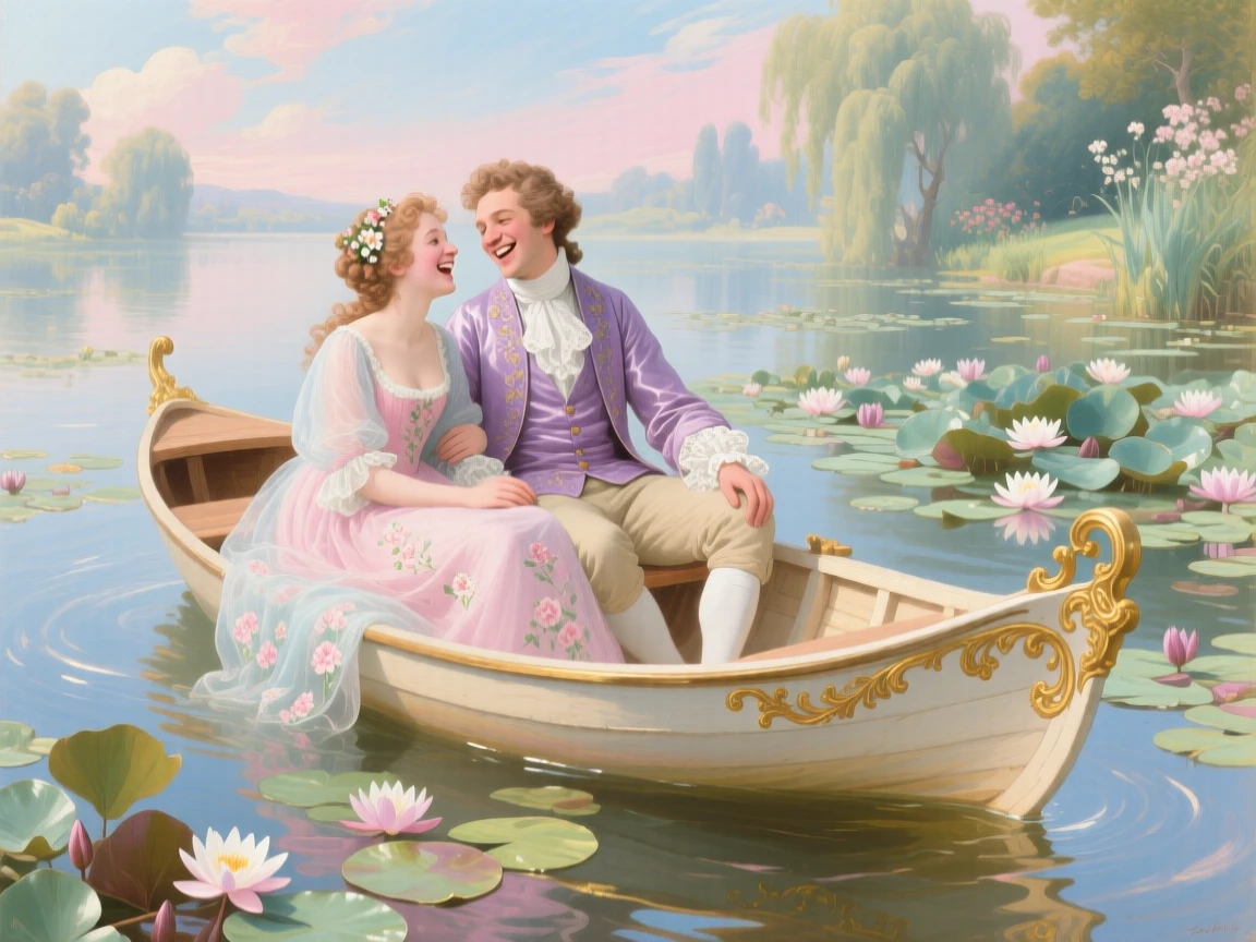 A young couple laughing together in a boat surrounded by water lilies  