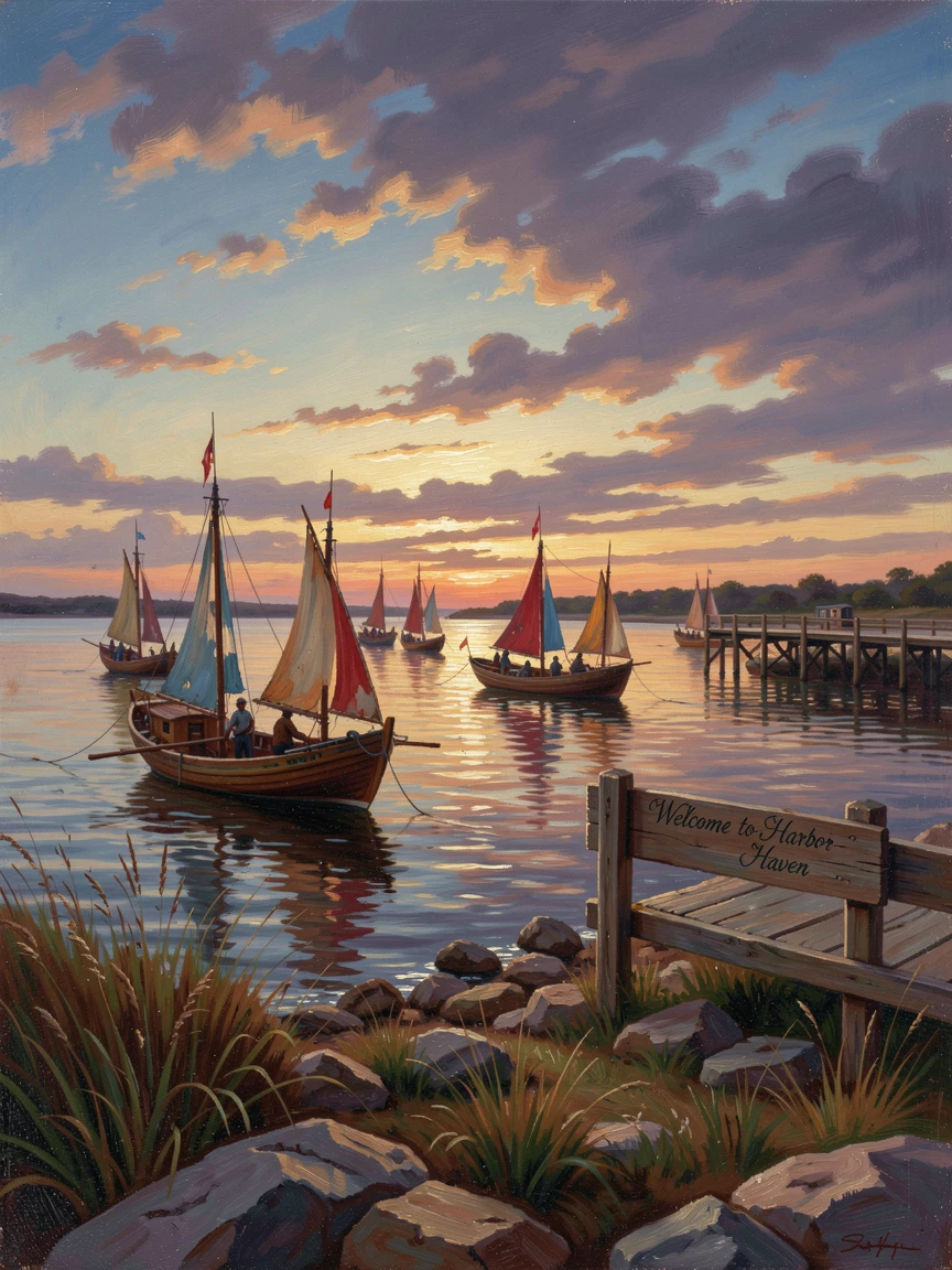 A fleet of fishing boats returns home as evening falls over the bay.