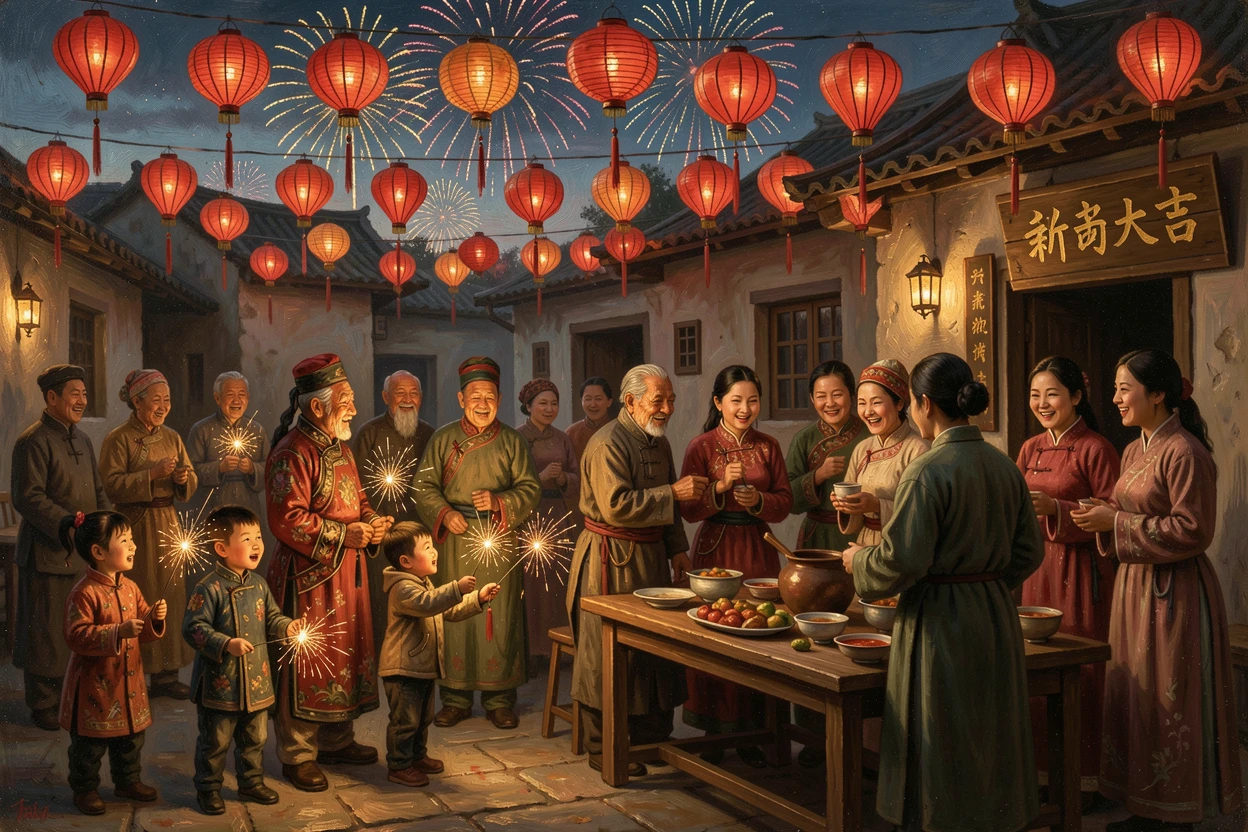 A Chinese New Year celebration filled with red lanterns and fireworks, as the whole scene radiates warmth and togetherness, capturing the warmth, joy, and magic of the season