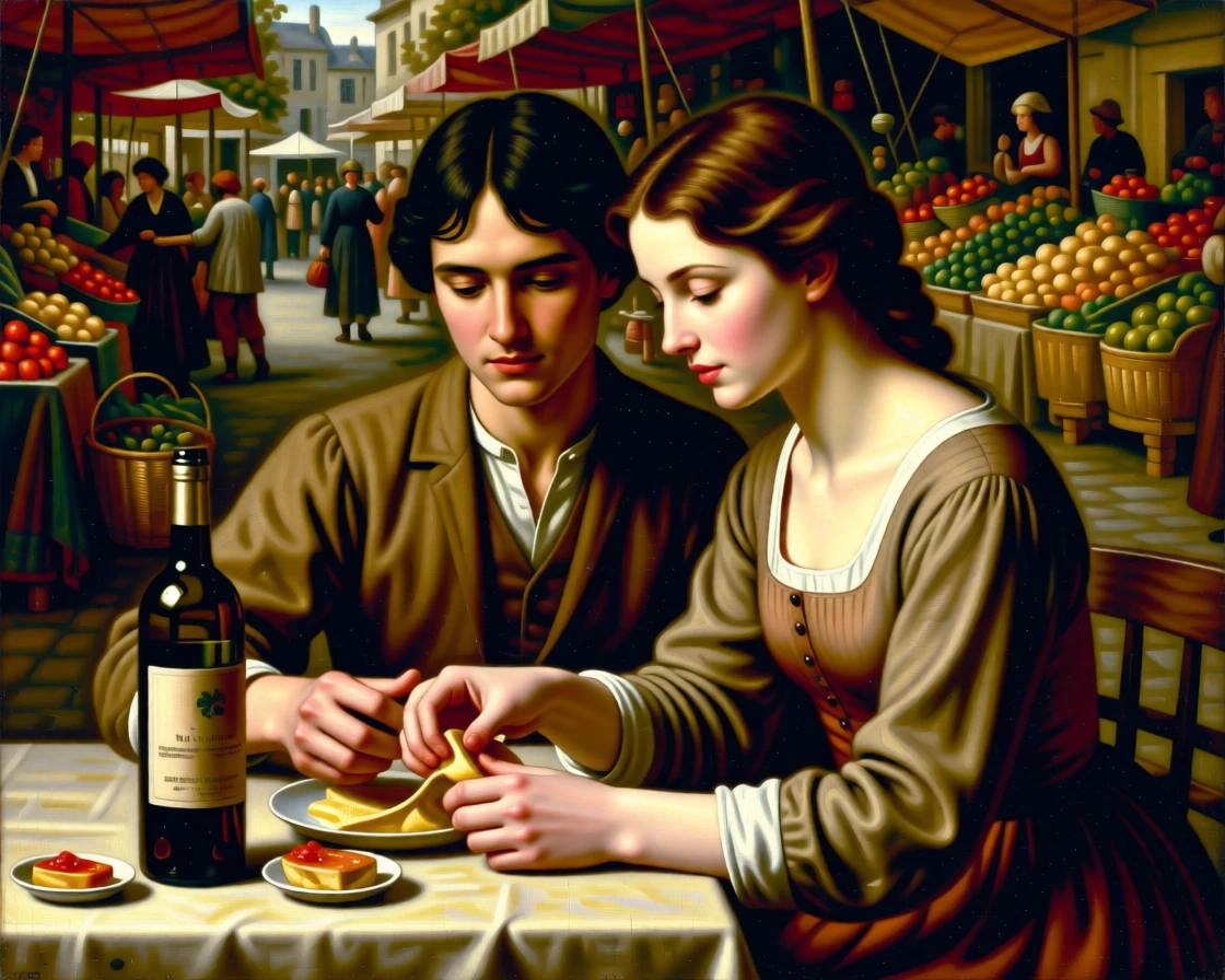A young couple sharing a quiet picnic beside a country lane at the gentle heart of a simple daily ritual, set within a bustling market square filled with color and life, with children's laughter and a stray dog weaving underfoot; a tight, intimate framing draws focus to hands and faces at work, suggesting that meaning is found in life's smallest rituals.