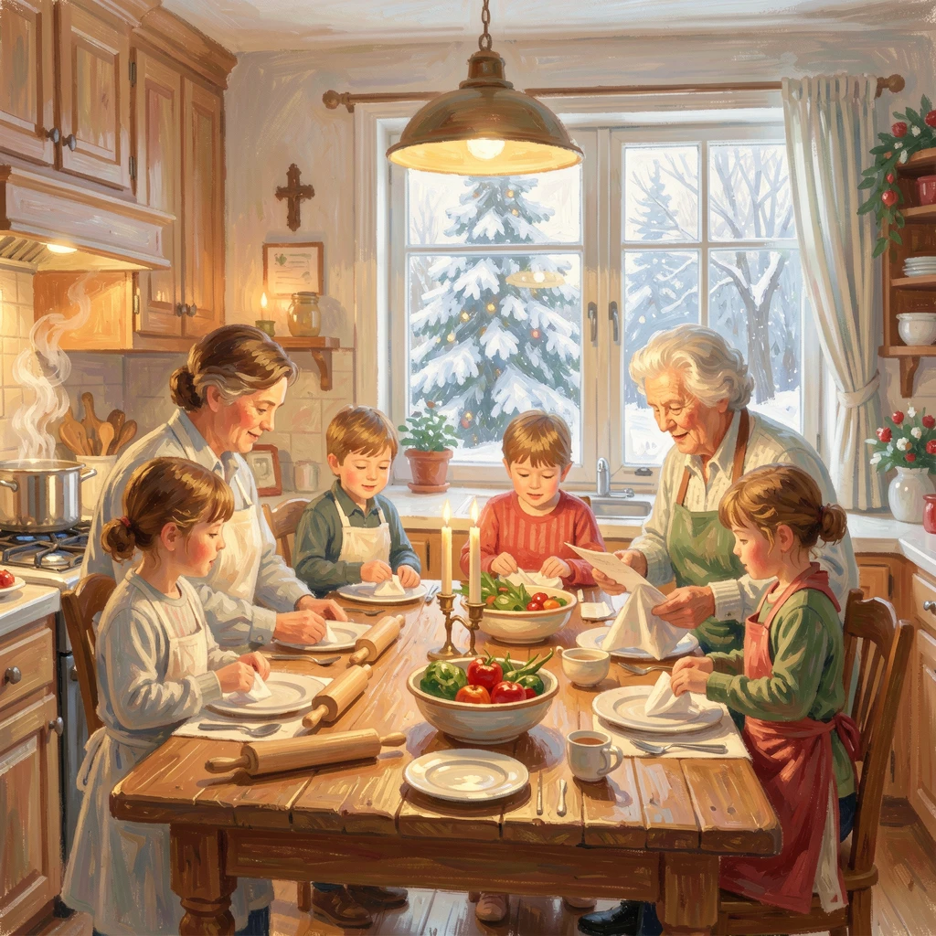 A multigenerational family preparing a holiday feast together in a warm, bustling kitchen, under a fresh blanket of snow, radiating serenity and gentle stillness.
