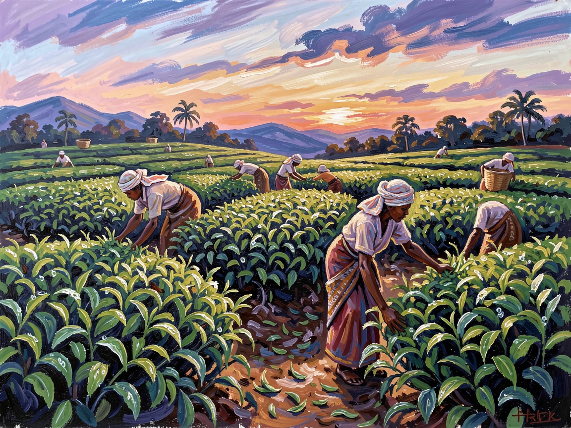 A quiet tea plantation in Sri Lanka with workers gathering leaves at dawn.