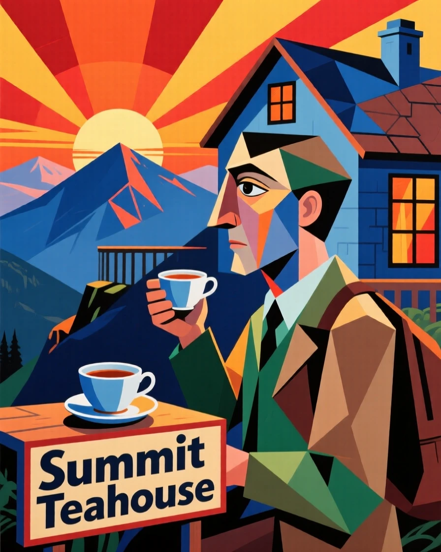 A traveler sipping tea while watching the sunset from a mountaintop teahouse.