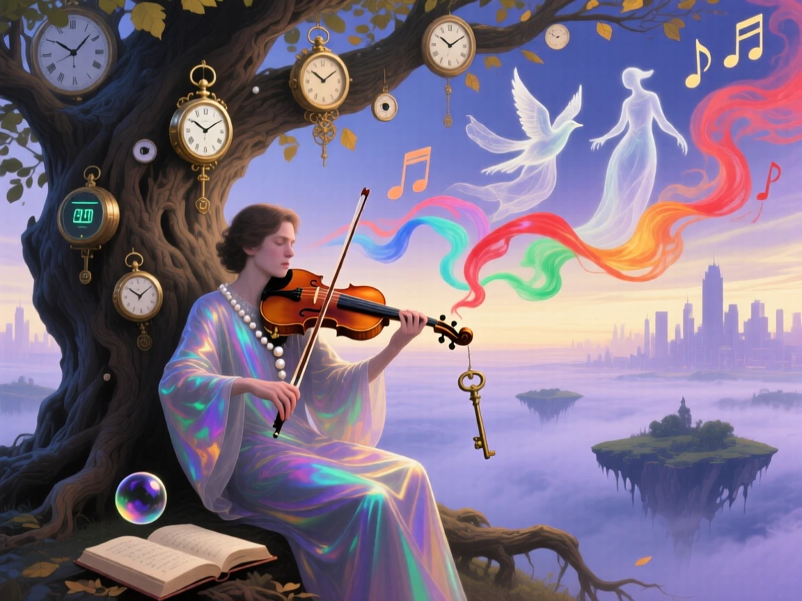 A violinist whose bow trails ribbons of colored smoke sits beneath a tree whose leaves are made of clock faces, while the world around them fades into soft watercolor mist.