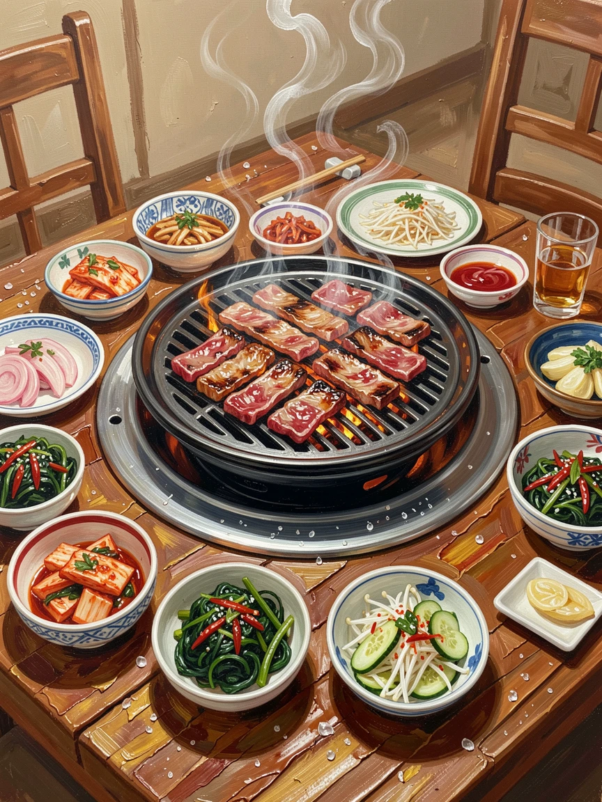 A colorful Korean barbecue table shows sizzling meat on a tabletop grill surrounded by small dishes of banchan side dishes, steam or condensation visible in small details that suggest the dish was just prepared.