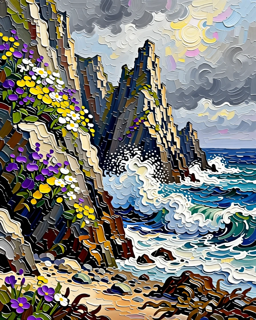 A jagged coastline in Cornwall with wildflowers clinging to windswept cliffs