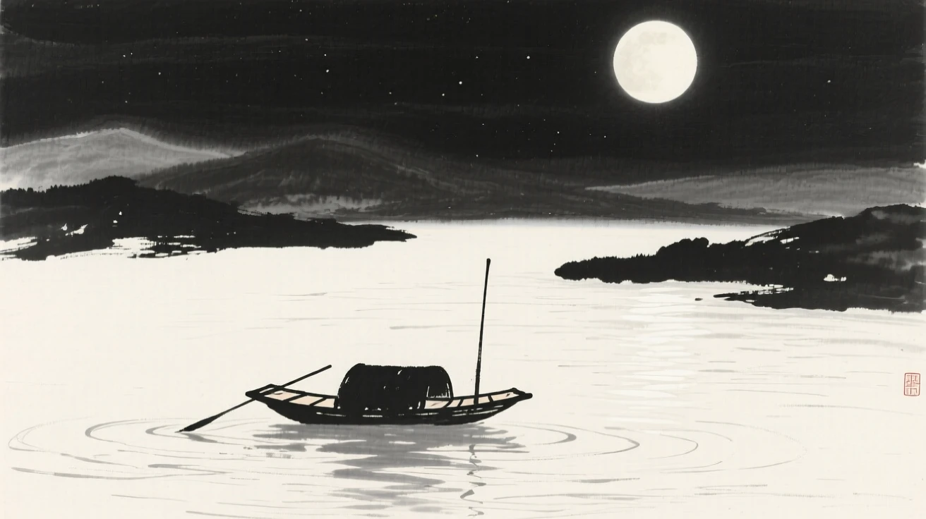 A small boat drifts silently across a river under a bright full moon, with the silhouette of distant hills framing the horizon.