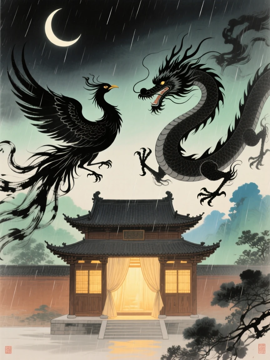 A phoenix and dragon circling above a temple bathed in golden light, beneath a crescent moon, through a curtain of fine rain.