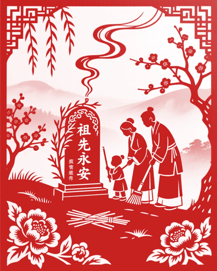 A Qingming Festival scene of a family sweeping an ancestral gravestone on a misty hillside, willow branches placed at the tomb, incense smoke curling upward past blossoming trees