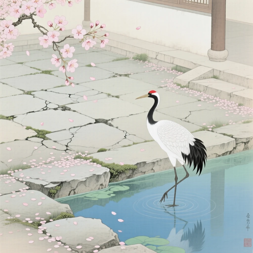Cherry blossom petals drifting across a quiet stone courtyard in spring, with a lone crane standing at the water's edge