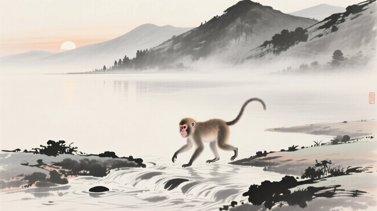 A monkey crossing a shallow stream at first light beside a tranquil mountain lake, viewed through a gentle veil of morning mist, evoking the gentle rhythm of the natural world.