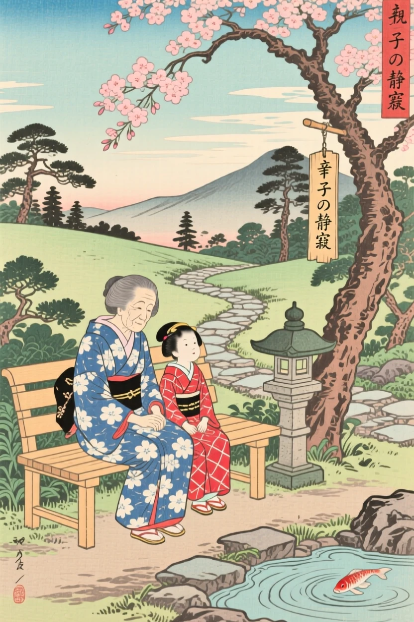 A grandmother and grandchild sharing a quiet moment on a garden bench.