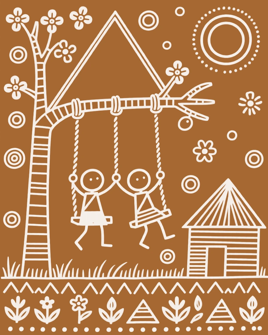 Two young siblings swinging from a rope tied to a tree branch.