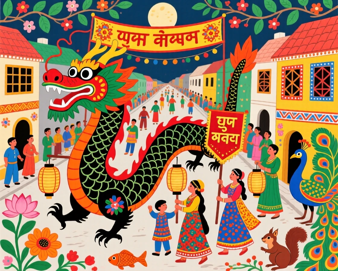 A Lunar New Year parade with a dragon dance winding through the streets.