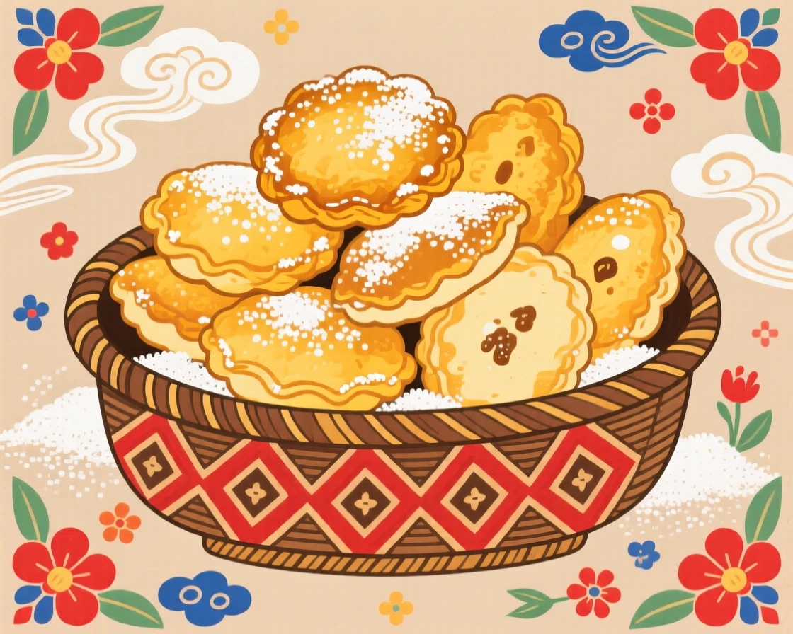 A basket of golden fried pastries dusted with sugar.