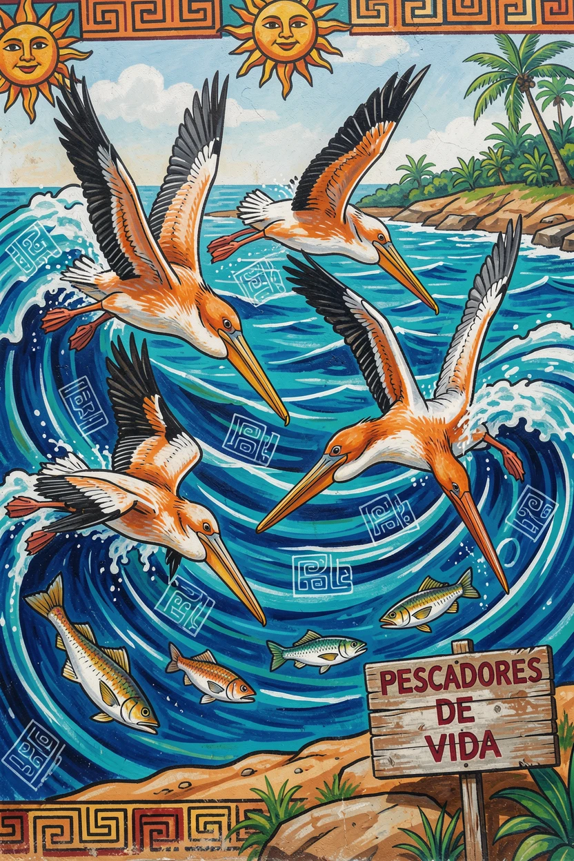 A group of pelicans diving for fish along the coast