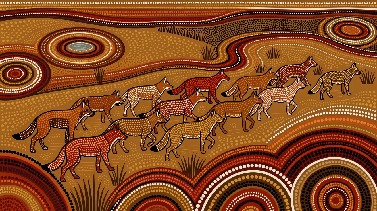 A herd of wild dogs migrating across the plains