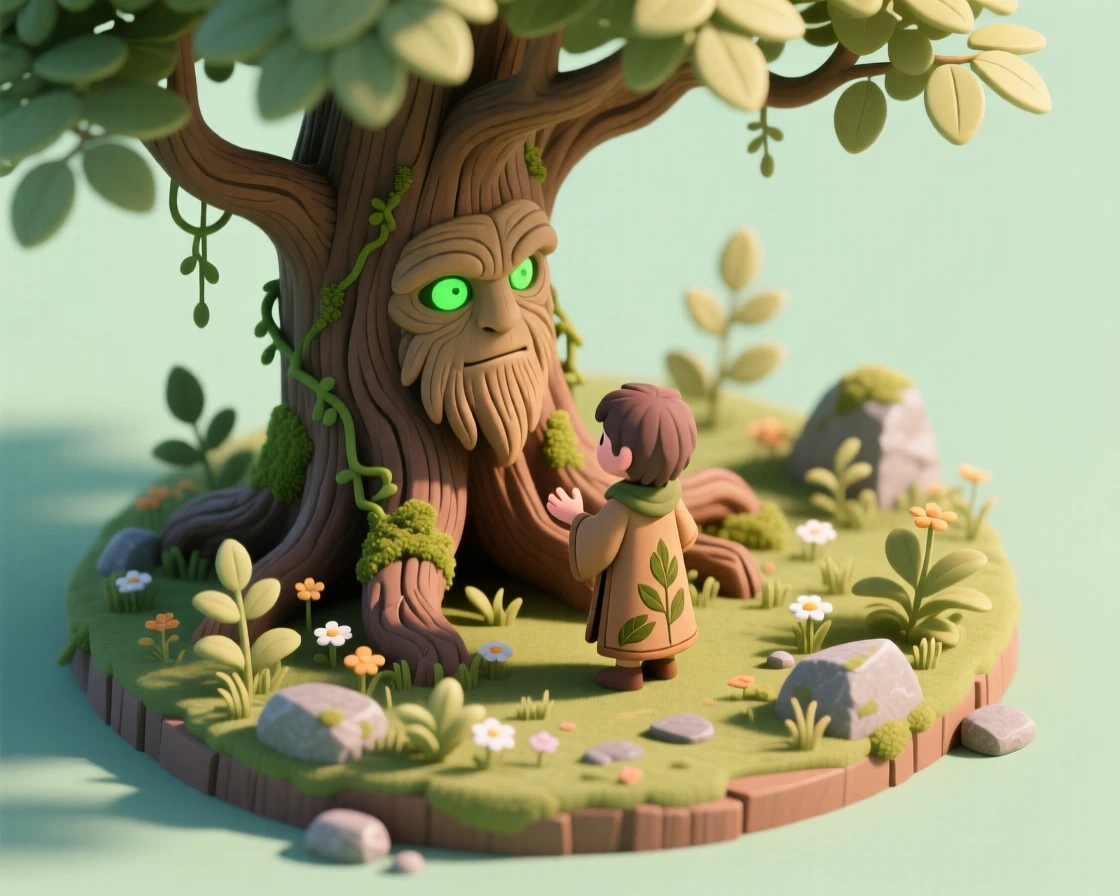 A young druid communicating with an ancient tree spirit in a grove bathed in dappled sunlight.