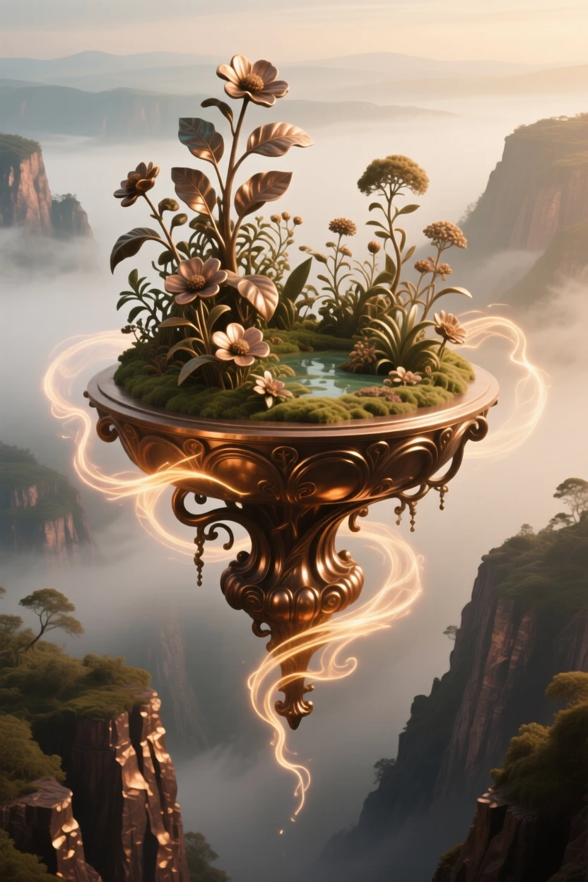 A floating garden suspended above a misty canyon, with swirling energy and radiant color, transporting the viewer to another world