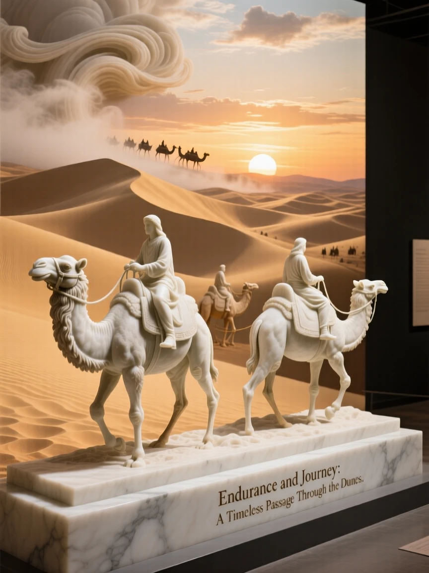 An evocative depiction of a caravan crossing golden desert dunes at sunset, amid swirling clouds and mist, balancing detail with emotional depth