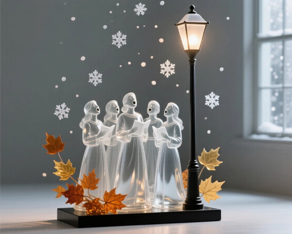 A group of carolers singing together beneath a streetlamp as autumn leaves drift slowly to the ground, while snowflakes drift slowly past the window