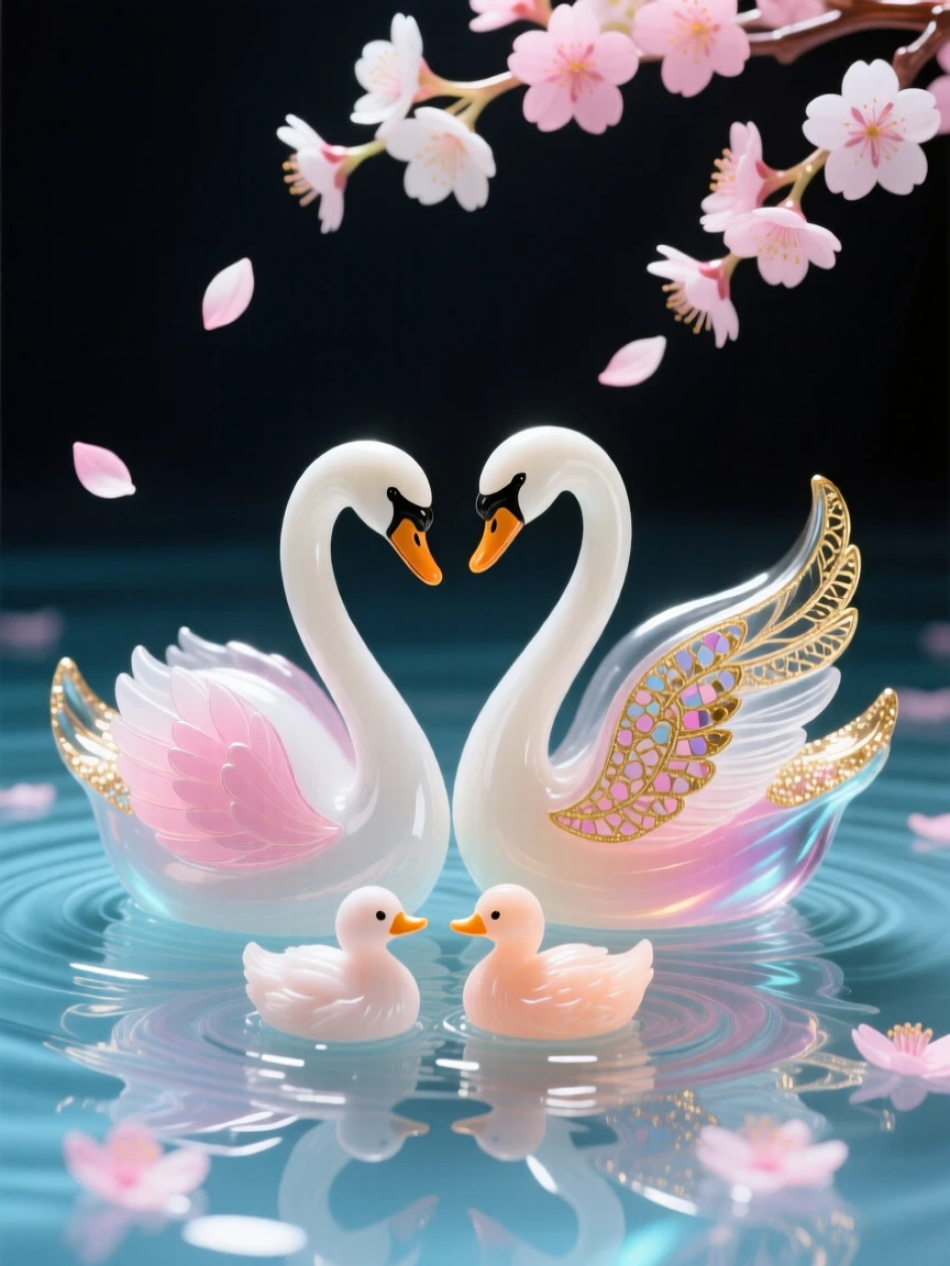 A pair of swans and cygnets swimming together beneath drifting cherry blossom petals, tender and dreamy.