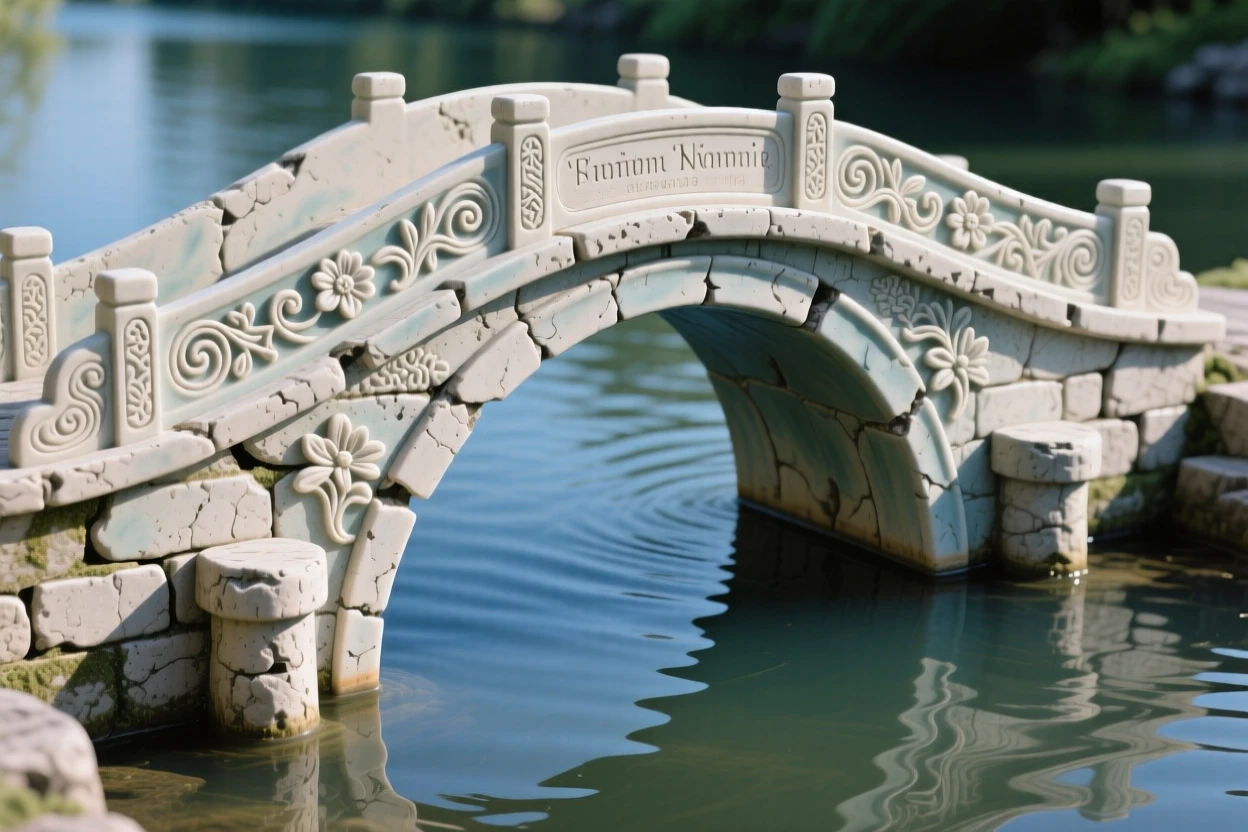A weathered stone bridge arching over a river reflected in the still waters below, with intricate carvings along every surface, evoking timeless wonder and quiet grandeur.