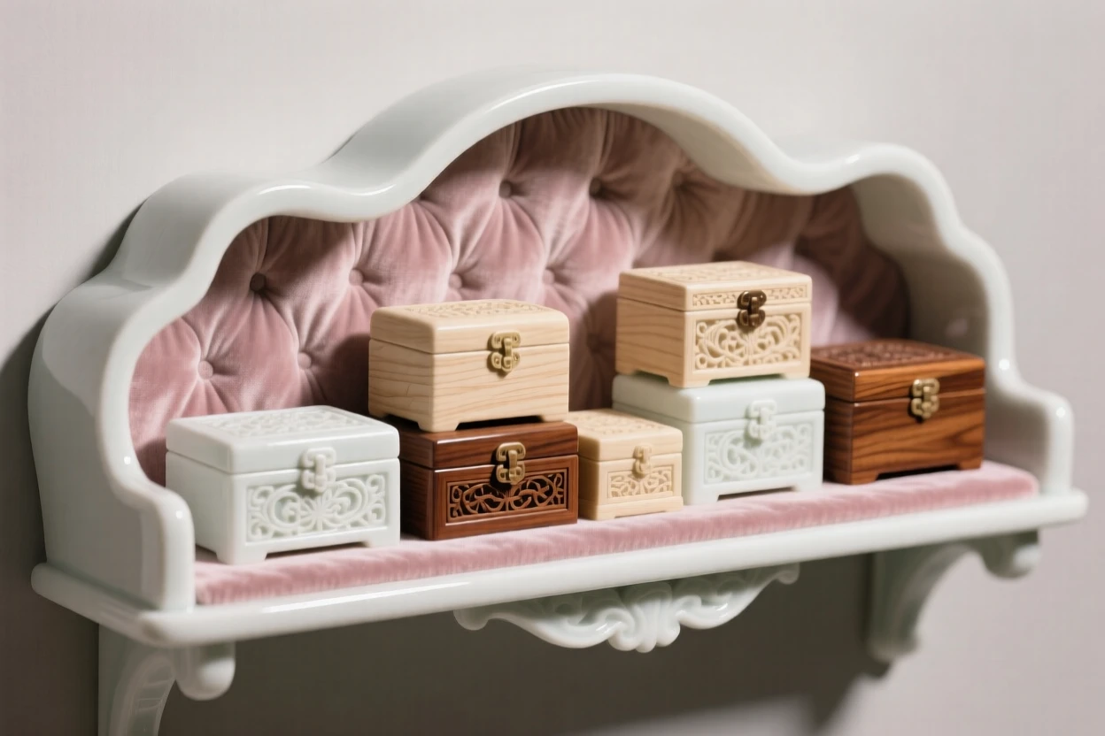 A collection of carved wooden boxes arranged on a velvet-lined shelf, softly lit to highlight fine detail.
