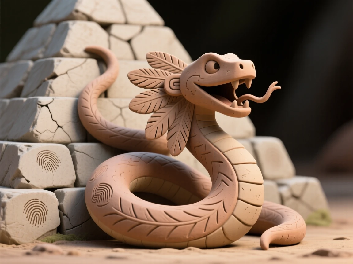 Quetzalcoatl the feathered serpent coiling around a stone pyramid