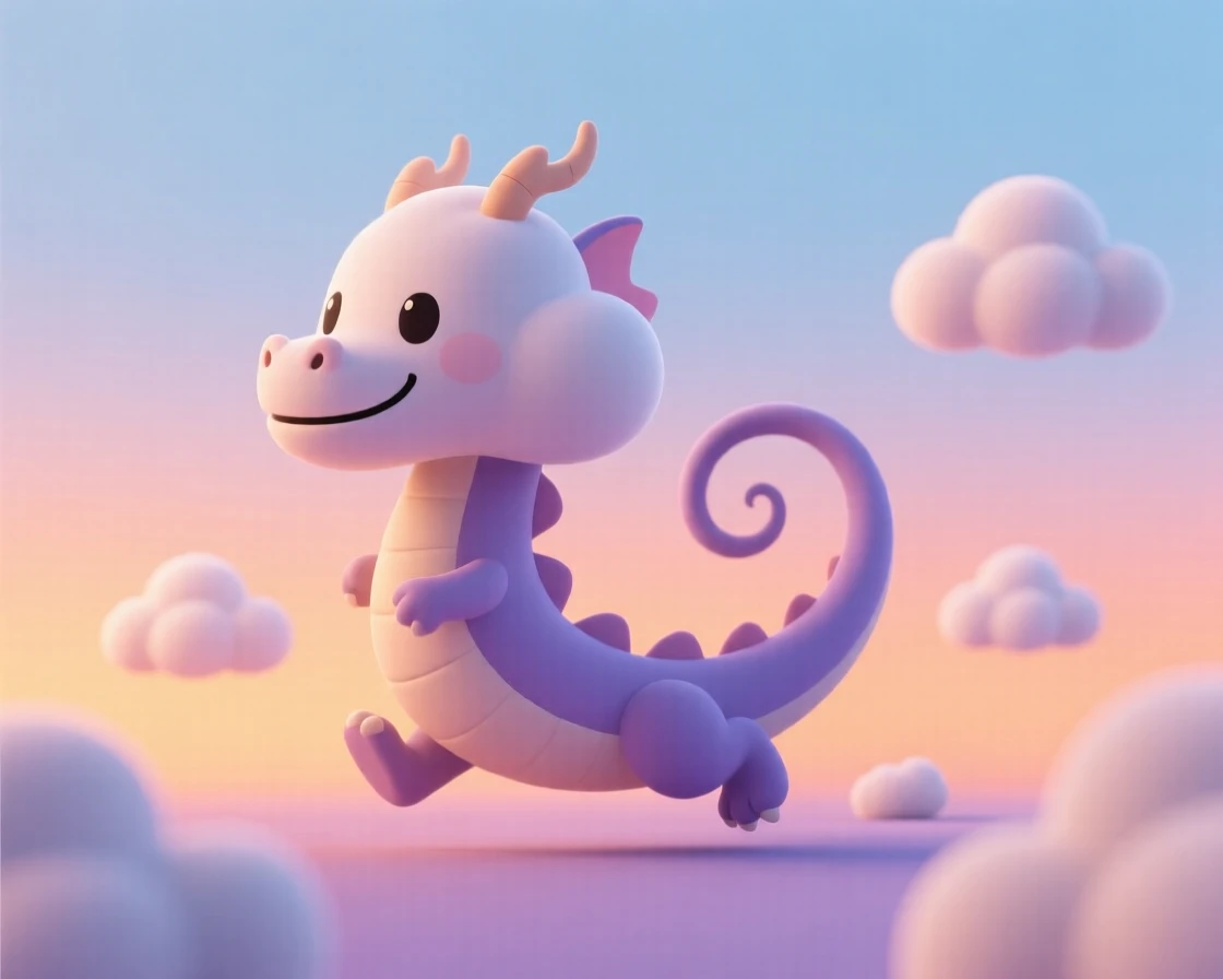 A playful cloud dragon chases its own tail through fluffy cumulus clouds above a sunset-colored sky.