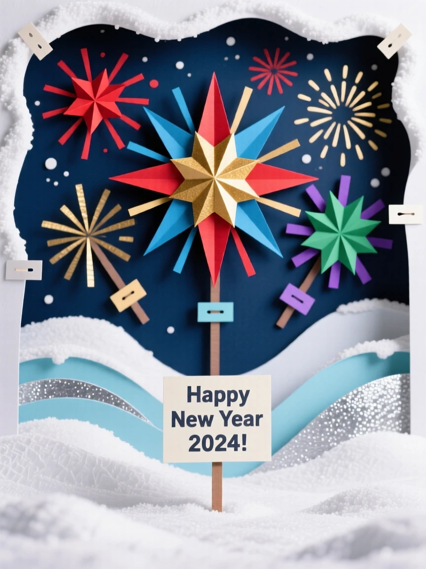 A dazzling New Year's Eve fireworks display framed by fresh-fallen snow, with fireworks bursting colorfully overhead, capturing cherished holiday tradition.